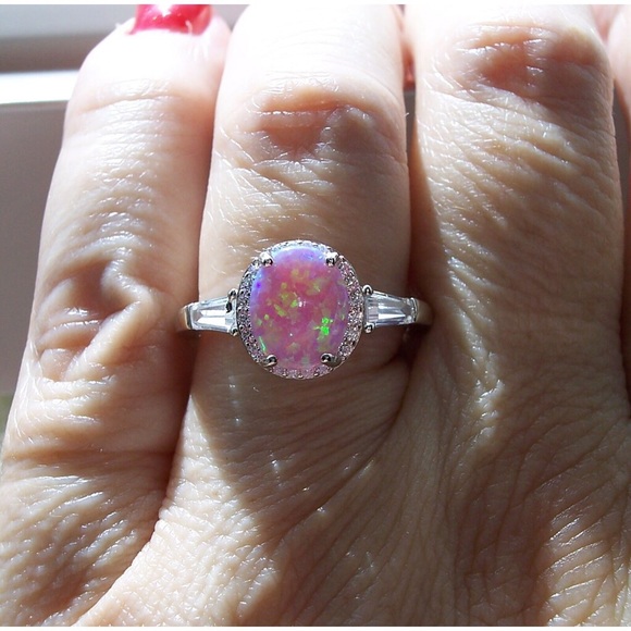925 STERLING SILVER Lab Created Pink Opal CZ Ring - Picture 6 of 16